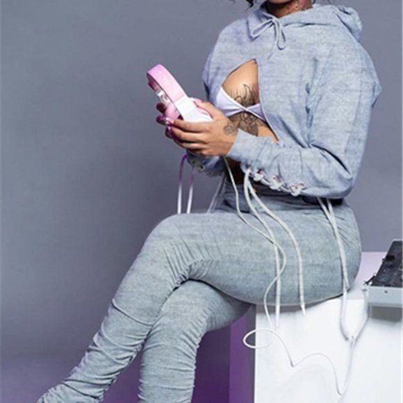 Stasia Laced & Ruched: Kesha Gray Cut Out Cropped Hoodie & Jogger Set - Picture 2 of 3